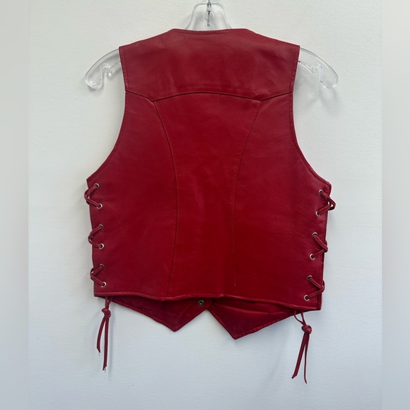 Vintage 90s Red Lace Up Leather Biker Vest Snap Front Size M - Picture 14 of 14
